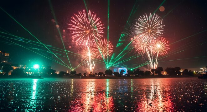 Spectacular Fireworks and Laser Show Reflected on Water at Night