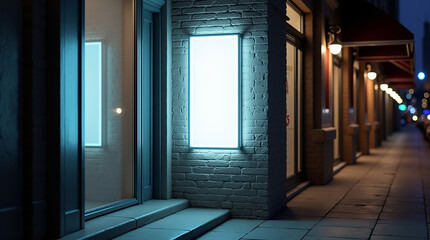 Realistic White Blank Neon Box on Urban Store Wall at Night
