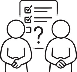 Two People Facing a Checklist with Questions A Simple Black and White Vector Illustration figures stand before