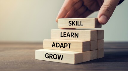 Upskilling and Reskilling through Learning, Growing and Adapting new Skills shown by wooden block