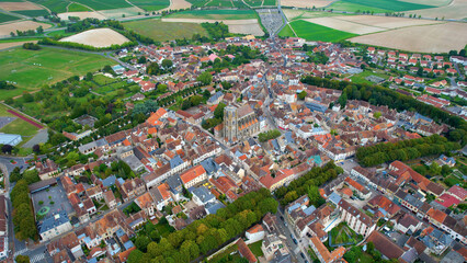 Aerial panoramic View Of The Old city Sezanne, In France on a sunny spring afternoon