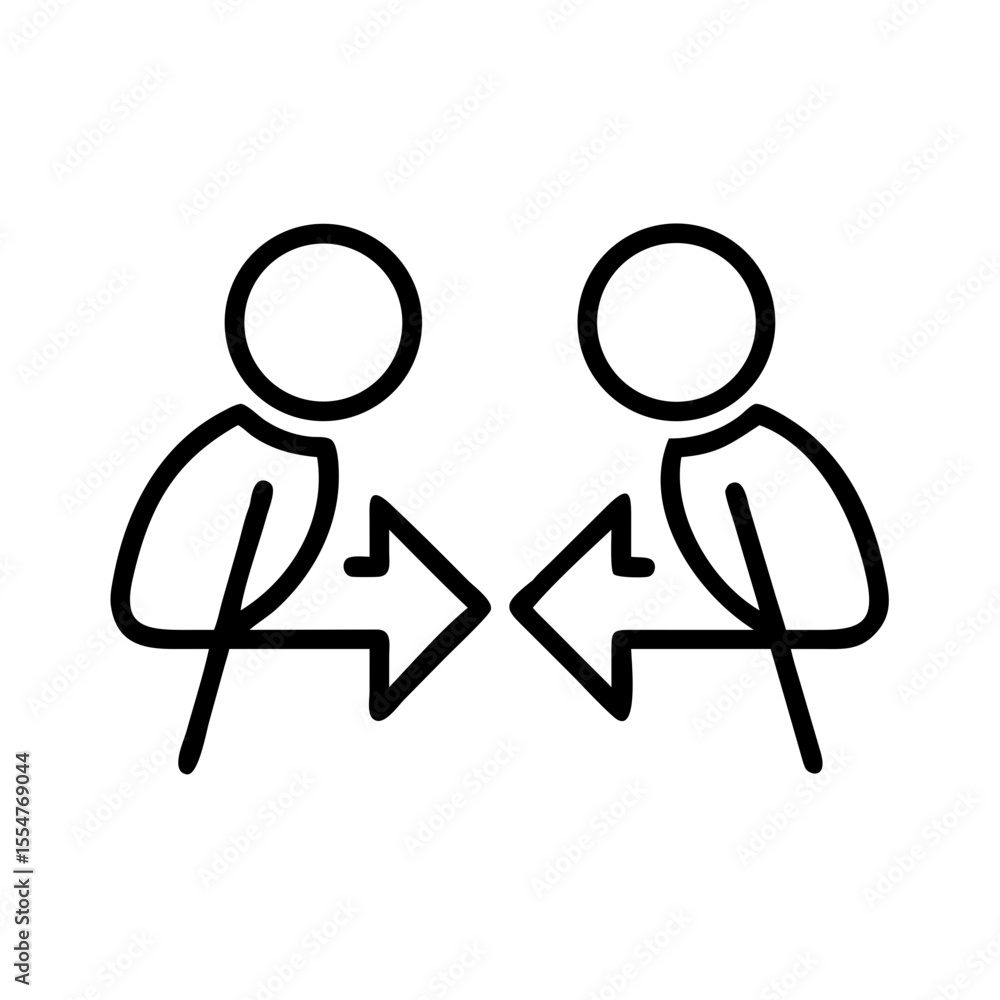 Poster two abstract figures interacting with arrows pointing outward