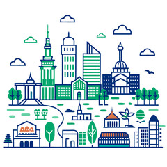 Fototapeta premium City skyline illustration with green trees and buildings in blue 