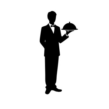 recommend clip art: Silhouette of a waiter holding a serving tray in formal attire  