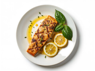 Grilled salmon steak served with lemon slices on white plate, perfect for food, healthy eating, and culinary themes. Generative AI