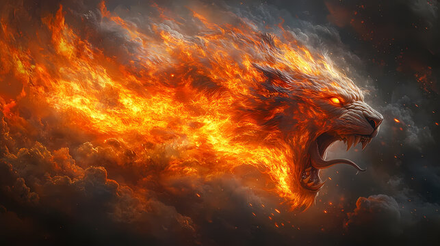 A huge, majestic, fire-breathing chimera - creature with a lion's head. An atmosphere of fear. The theme of mythology, a  mythical monster with mystical power and dark glory