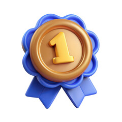 A glossy, 3d gold medal with a blue ribbon is a shiny web icon symbolizing a powerful award to start a new journey