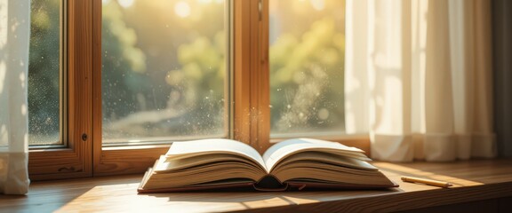 Open book on wooden windowsill with sunlight and floating dust particles.