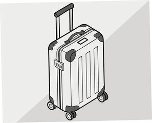 Black and white illustration of a wheeled suitcase with handle  