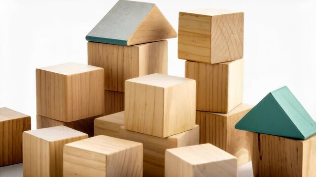 Wooden toy building blocks of different sizes and colors stacked on white surface, children's play concept, educational toy