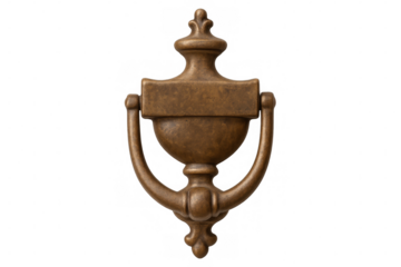 Bronze door knocker hanging on transparent background, epitomizing vintage architectural hardware design