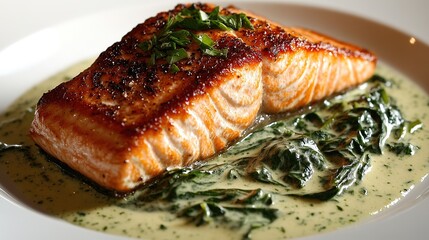 A perfectly seared salmon fillet served on a creamy spinach sauce, garnished with fresh herbs.