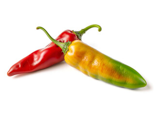Two fresh chili peppers, one red and one green-yellow, isolated on white background, perfect for food, spice, and cooking themes. Generative AI