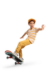Kid riding a skateboard and performing tricks