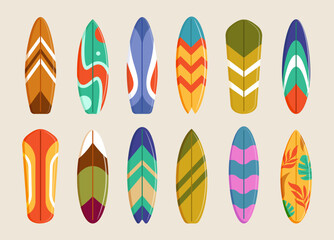 Summer surfboard. Retro sign coastal beach. Vintage sea icon. Tropical water fashion. Long board patterns. Swimming on wave. Extreme water sport equipment vector ocean surfing tidy decoration isolated