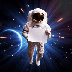 astronaut in outer space holding blank white poster, space background, advertising concept