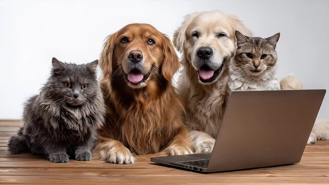 Animals working together using a laptop