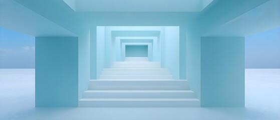 Serene minimalist staircase in a tranquil blue environment