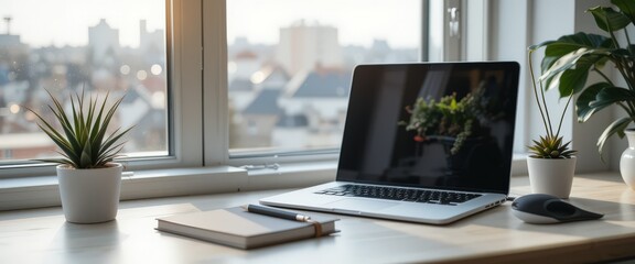 Minimalist home office desk with laptop, notebook, and plants near window light.