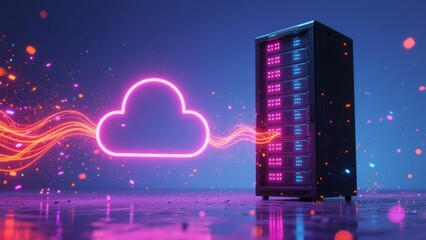 Cloud computing data transfer concept. Futuristic server rack connected to glowing cloud icon with digital network.