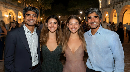 Smiling couples at night event warm lighting social gathering