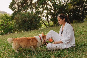 Young girl trains Welsh Corgi in the park in sunny weather. Concept of walking a dog, friendship...