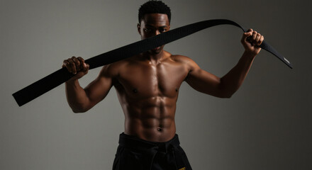 Muscular AfricanAmerican Man Holding Black Martial Arts Belt Across Face.