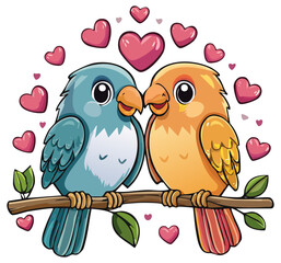 Two love birds on a branch surrounded by hearts clipart illustration, isolated 