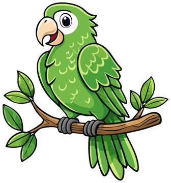 Green parrot sitting on a tree branch clipart illustration, isolated 