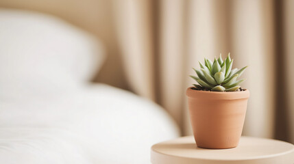 A small succulent in a terracotta pot placed on a table in a bright, cozy bedroom setting.