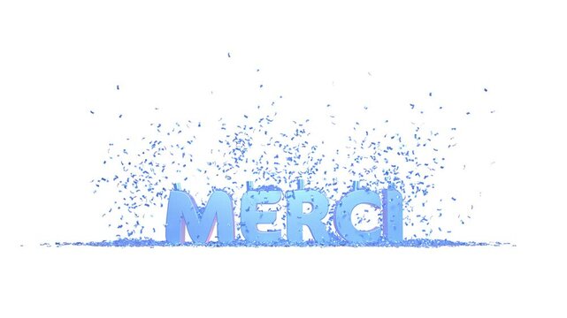 mot MERCI avec projections de confettis au dessus, animation rendu 3D avec canal alpha s&eacute;par&eacute;