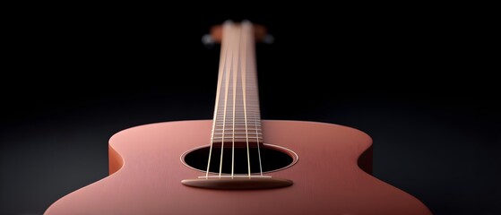 Close-up of a wooden acoustic guitar from a low angle