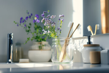 Sunny bathroom scene with bamboo toothbrushes and purple flowers in decorative jars.