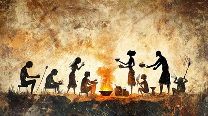 Silhouetted primitive figures gather around a fire, engaging in cooking and social activities, evoking ancient tribal life and communal traditions.