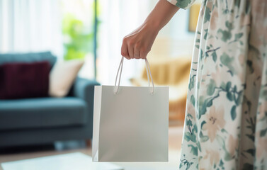 Woman holding shopping bag in a stylish living room with natural lighting.