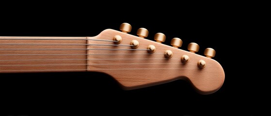 Close-up of a wooden guitar headstock with golden tuning pegs
