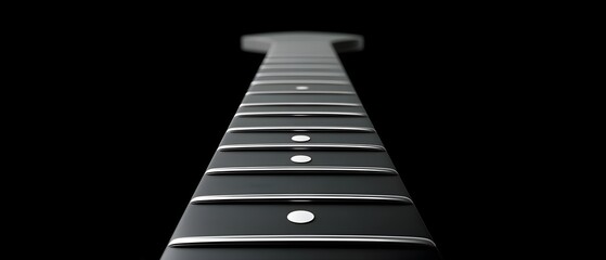 Close-up of a sleek electric guitar neck on a black background