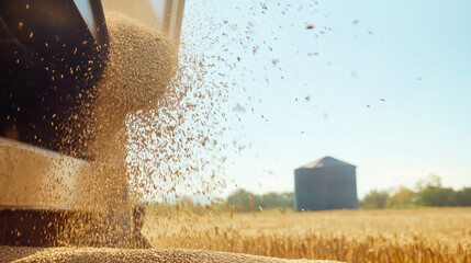 Golden grains spill from a harvester onto a sunlit field, epitomizing a bountiful harvest in rural tranquility.