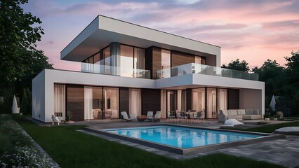 Fototapeta premium Contemporary luxury villa with swimming pool at sunset offers modern living