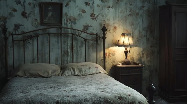 Vintage bedroom with a metal bedframe and antique lamp under soft dim lighting