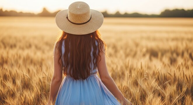 Back view of woman in blue dress and hat walking through golden wheat field at sunset in summer time - Powered by Adobe