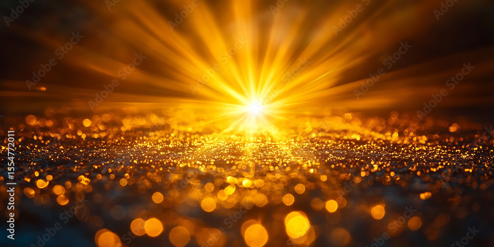 Aufkleber golden light bursting over a sparkling surface with bokeh and glare abstract background radiating br