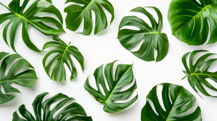 Lush green monstera leaves beautifully arranged on a clean white background.