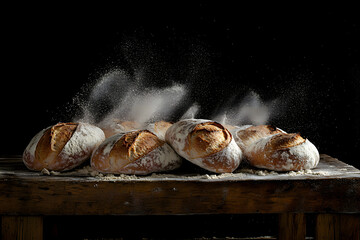 Fresh Artisan Sourdough Bread with Flour Splash on Rustic Wooden Table black background