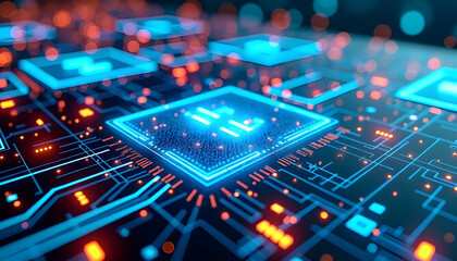 Obraz premium Futuristic Holographic Interface - Digital Technology Dashboard. Advanced sci-fi visualization featuring glowing blue holographic displays and high-tech circuit board elements with cinematic lighting