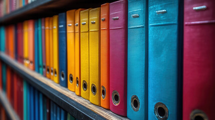 brightly colored folders standing upright in office setting, organized documents for efficient management