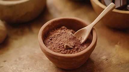 Table top of small filled with chocolate clay dish with wooden spoon