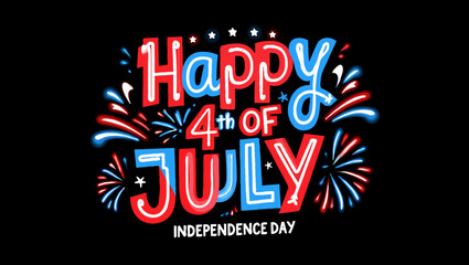 Vector art of happy fourth of july text with fireworks on black background