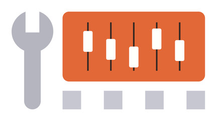 Wrench beside a mixer panel with sliders for customization and control. Ideal for audio settings, management, adjustments, optimization, engineering, maintenance, simple flat metaphor