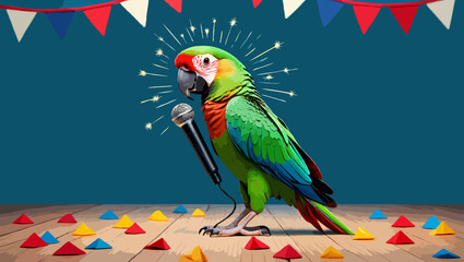 Vector art of a festive parrot sings into a microphone on stage with decorations